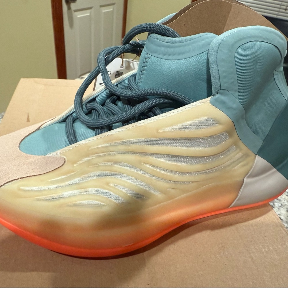 Yeezy Kids Teal and Orange High-Top Sneakers